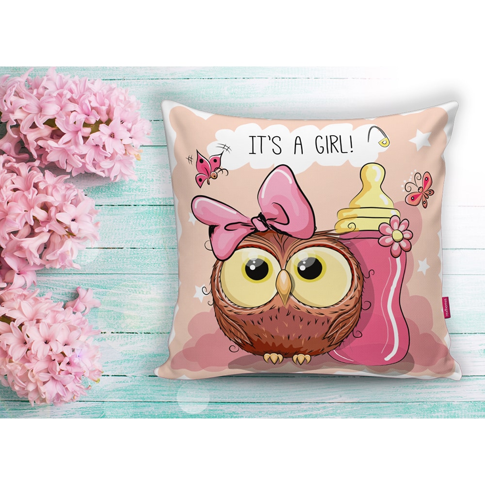 Fata perna decorativa Owl, 30% bumbac + 70% poliester, 43 x 43 cm, roz