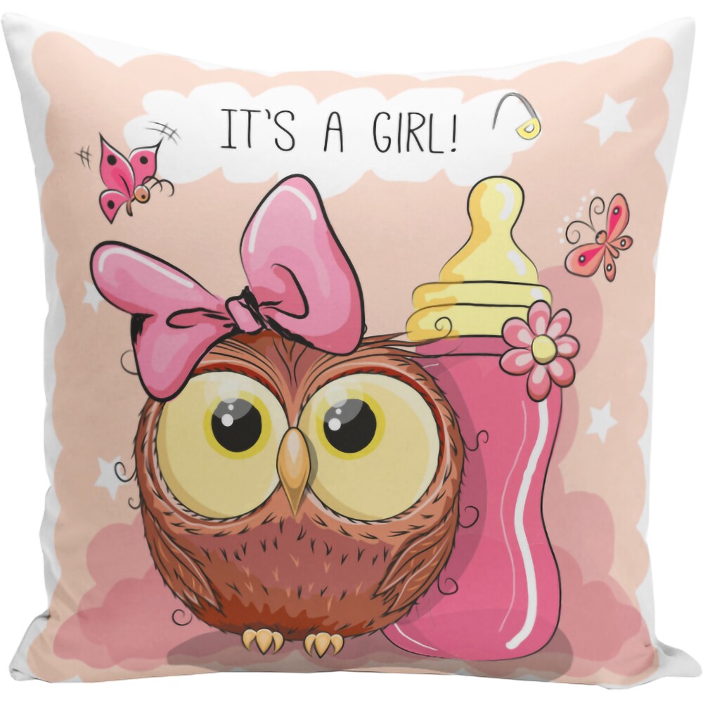 Fata perna decorativa Owl, 30% bumbac + 70% poliester, 43 x 43 cm, roz