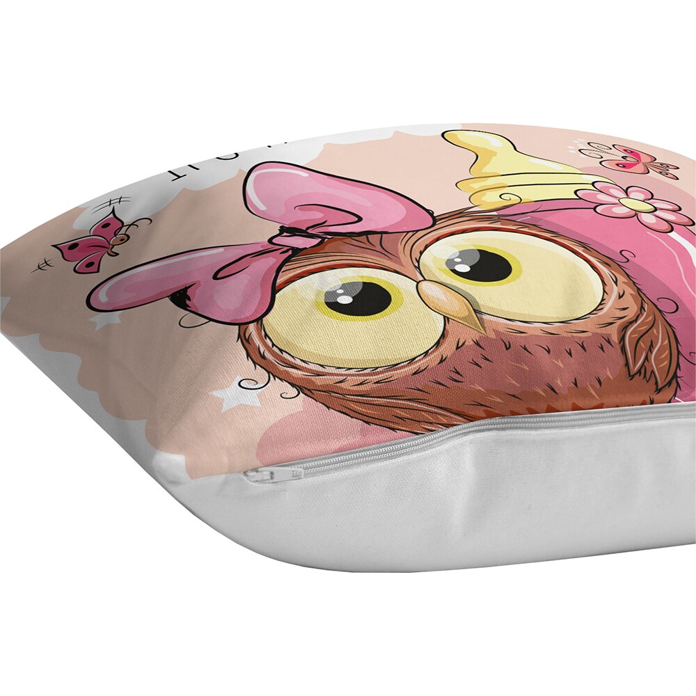 Fata perna decorativa Owl, 30% bumbac + 70% poliester, 43 x 43 cm, roz