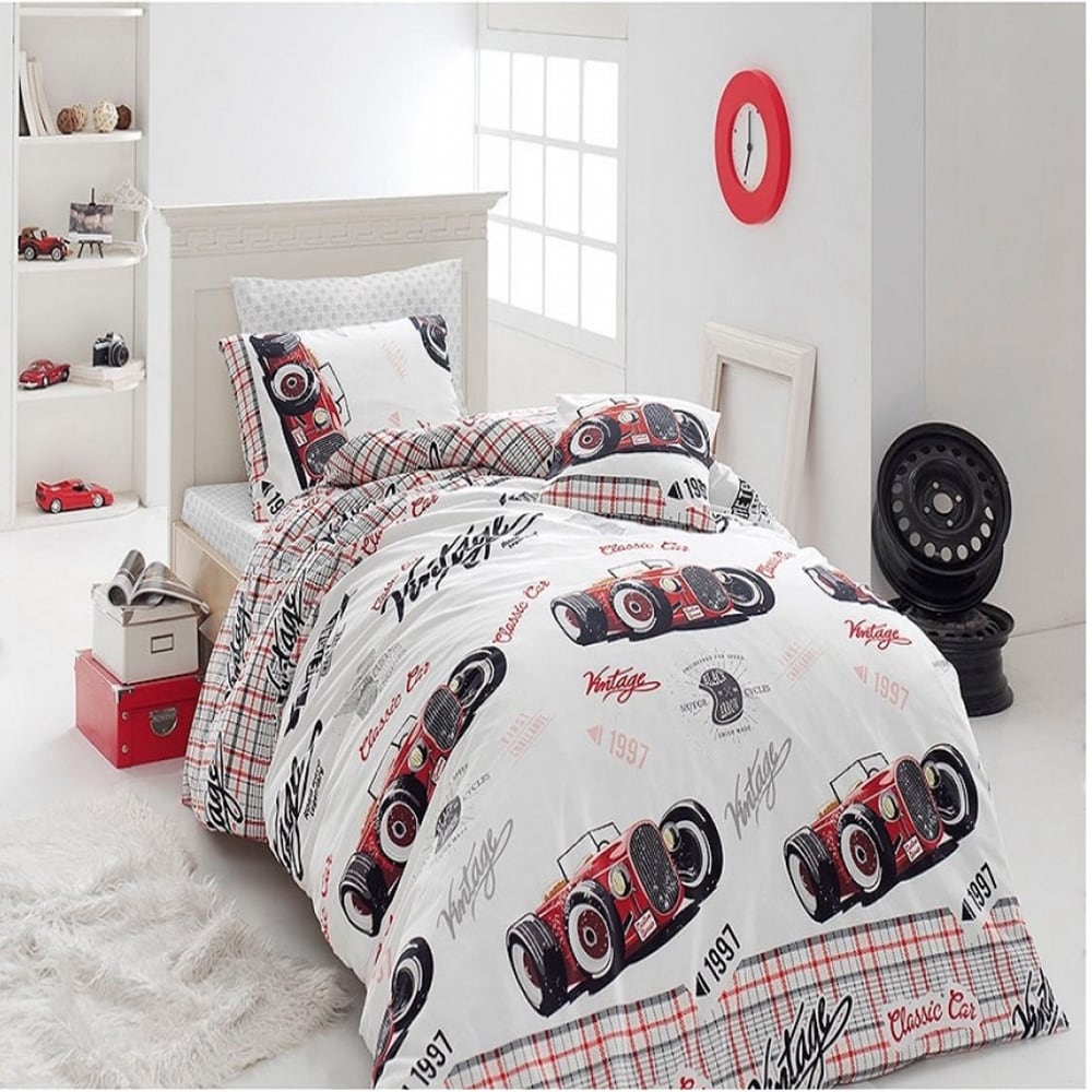 Lenjerie de pat Old Car, 1 persoana, 100% bumbac, 160 x 220 cm, 3 piese