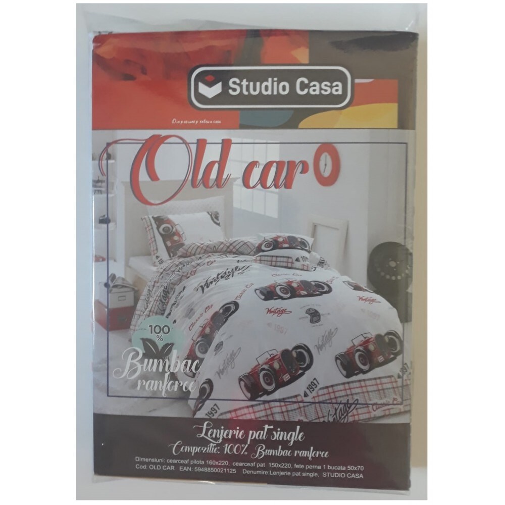 Lenjerie de pat Old Car, 1 persoana, 100% bumbac, 160 x 220 cm, 3 piese