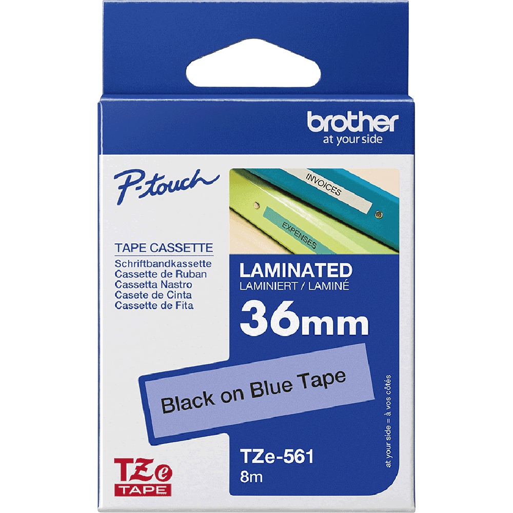 Banda etichete BROTHER TZe-561, 36 mm, 8 m, negru pe albastru