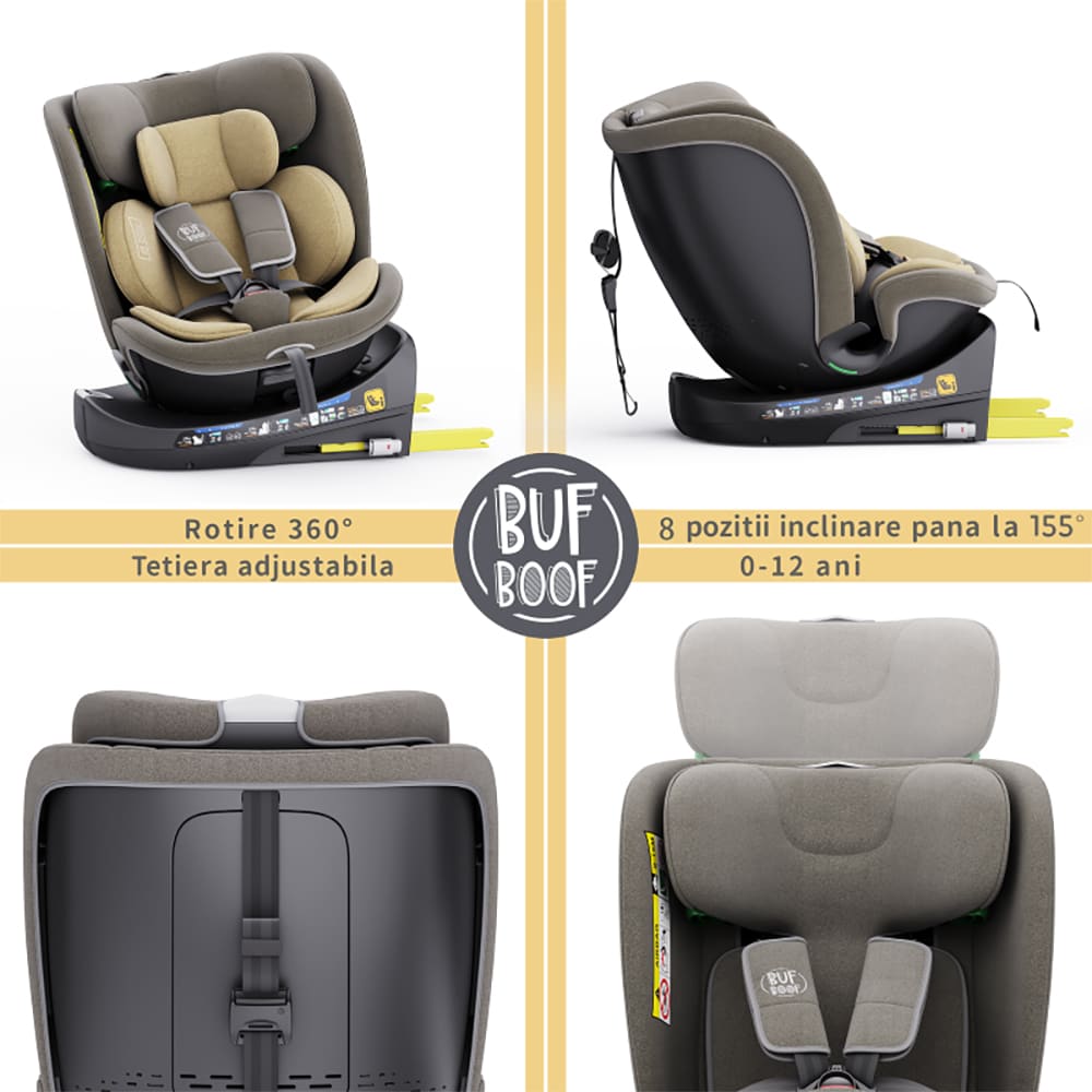 Scaun auto BUF BOOF B-Joy Deluxe rotativ 360 grade BJOYLIGHTBROWN, Isofix, 0-36 kg, i-Size, maro-negru