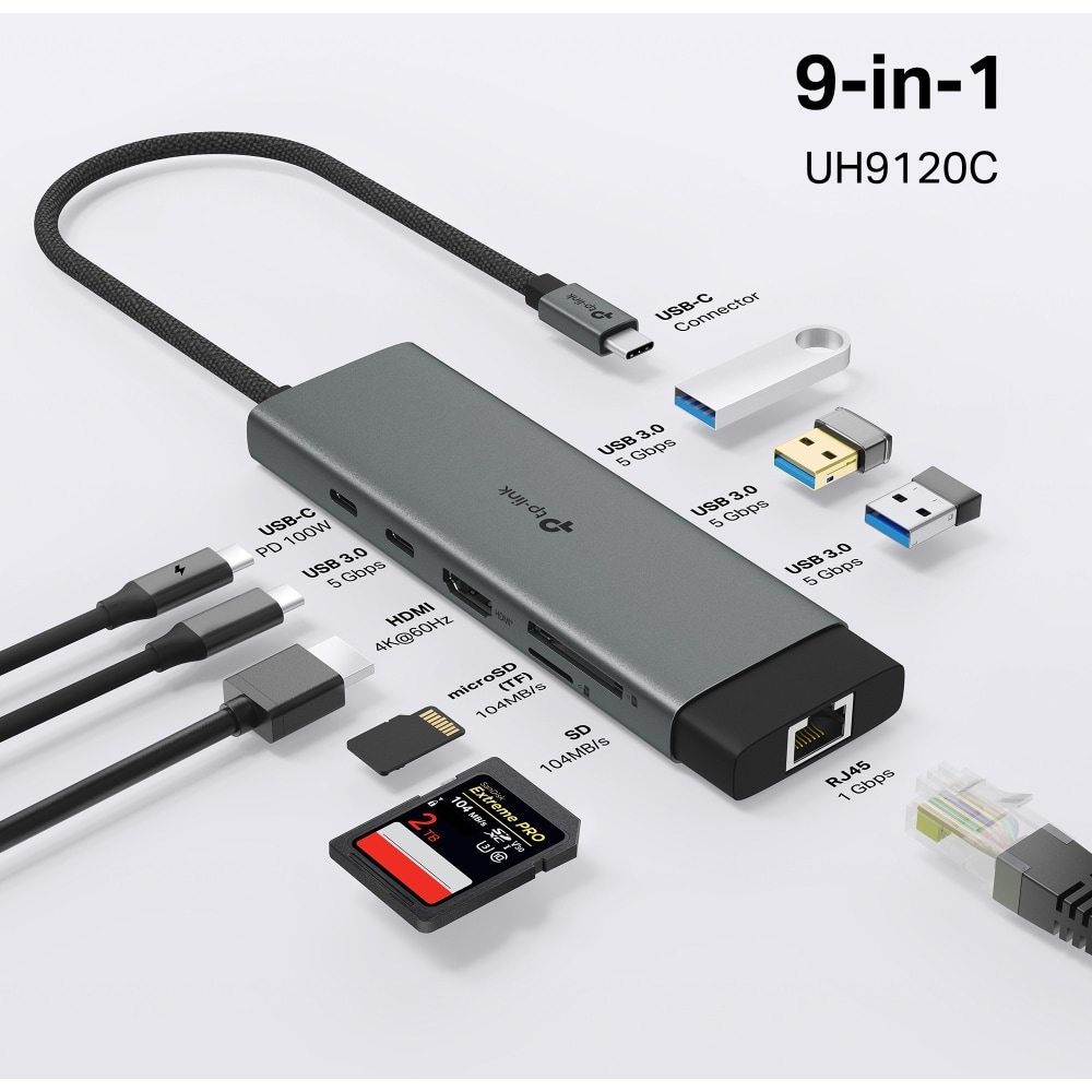 Hub USB TP-LINK UH9120C, USB Type-C, argintiu-negru