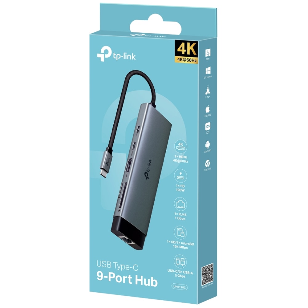 Hub USB TP-LINK UH9120C, USB Type-C, argintiu-negru