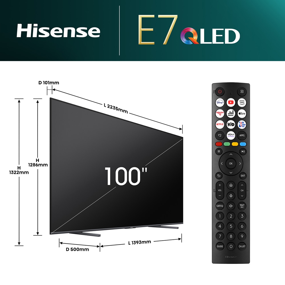 Televizor QLED Smart HISENSE 100E7NQ, Ultra HD 4K, HDR, 254cm