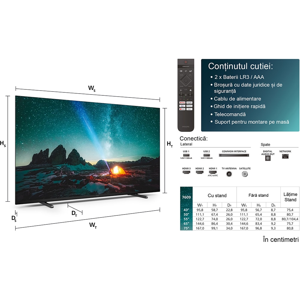Televizor LED Smart PHILIPS 50PUS7609, Ultra HD 4K, HDR10+, 126cm