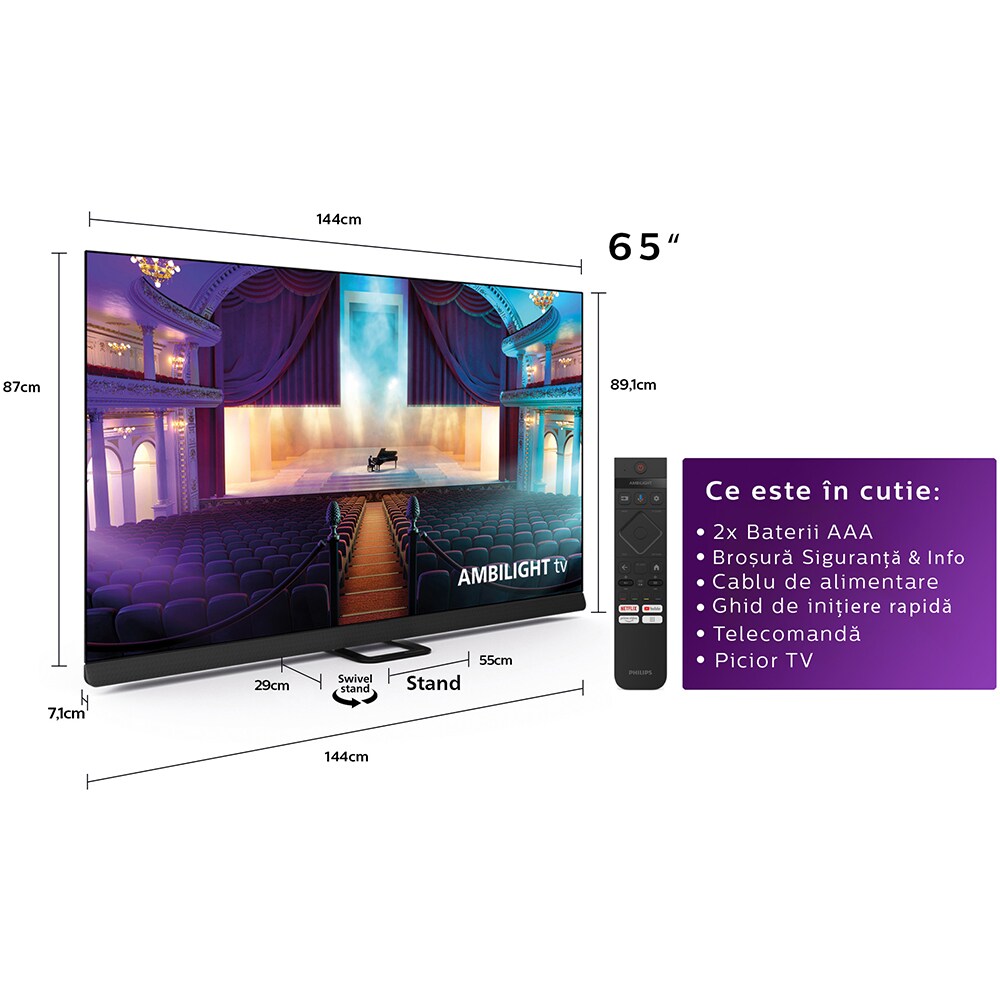 Televizor OLED Smart PHILIPS 65OLED908, UltraHD 4K, HDR10+, 164cm