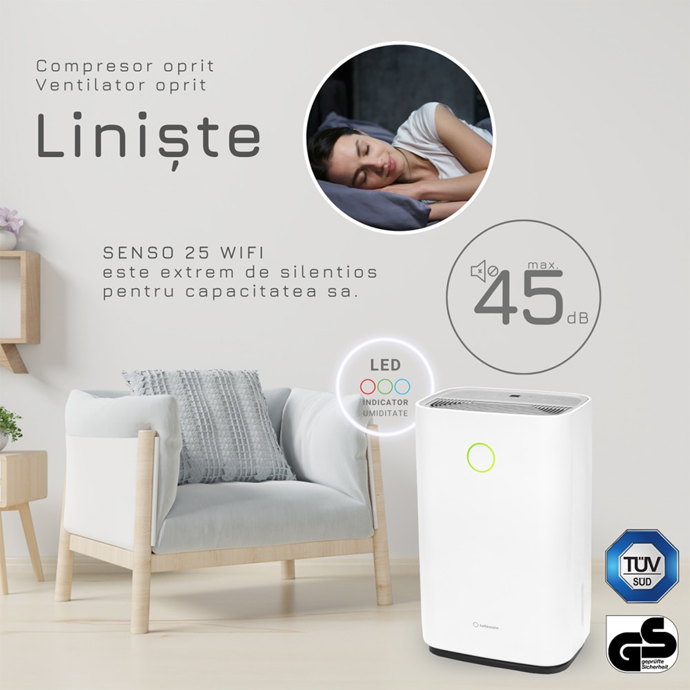 Dezumidificator aer Turbionaire SENSO 25, 25l/zi, 250W, Wi-Fi, 45dB, 180 m/h, Timer, alb