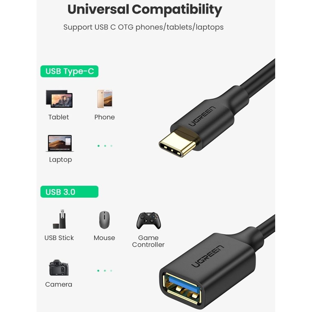 Cablu adaptor OTG USB C - USB A UGREEEN 30701, negru