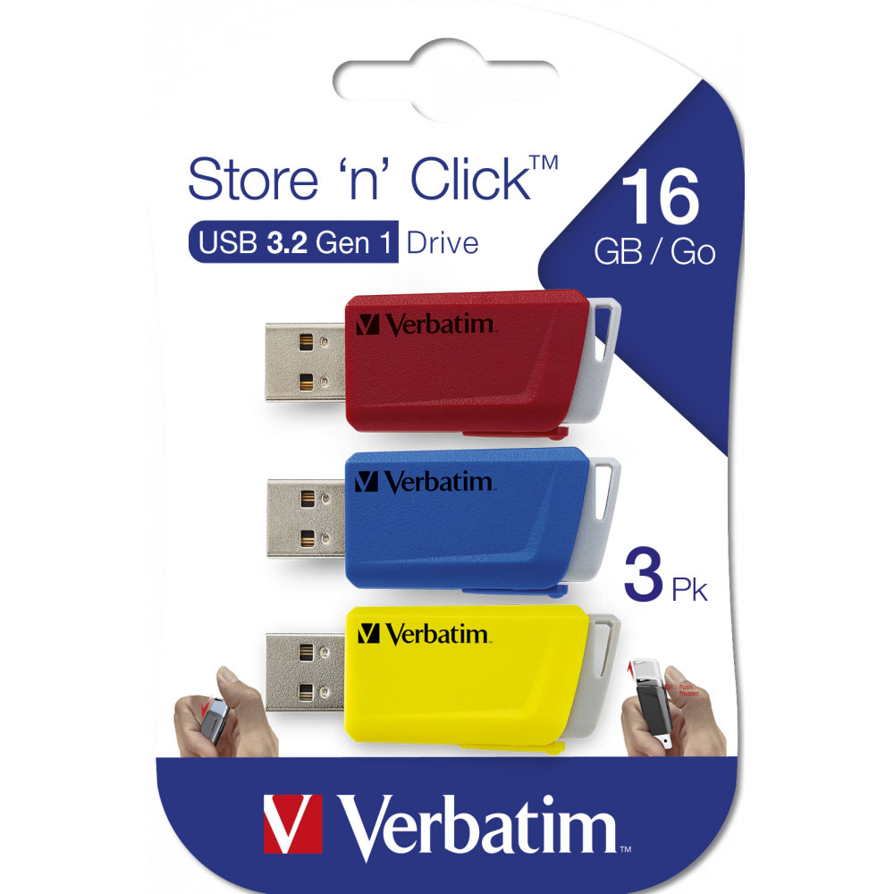 Memorie USB VERBATIM Store 'n' Click, 3 x 16GB, USB 3.2, multicolor