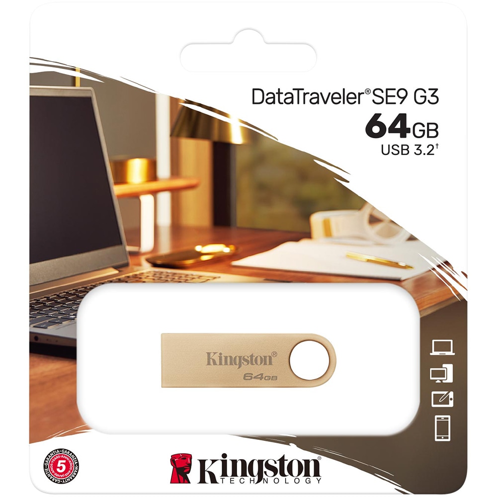 Memorie USB KINGSTON DataTraveler SE9 G3, 64GB, USB 3.2, auriu