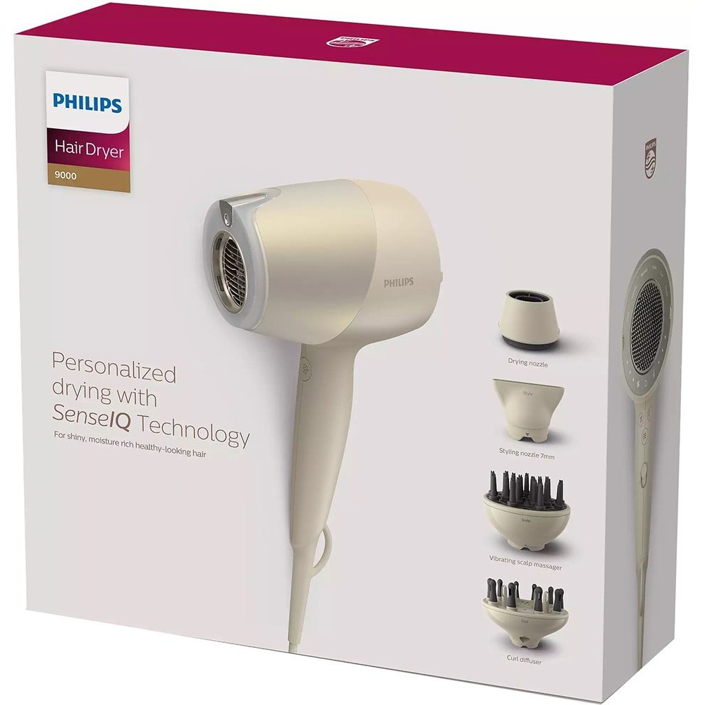 Uscator de par PHILIPS Seria 9000 BHD829/00, 1800W, 3 viteze, 3 trepte temperatura, tehnologie SenseIQ, bej
