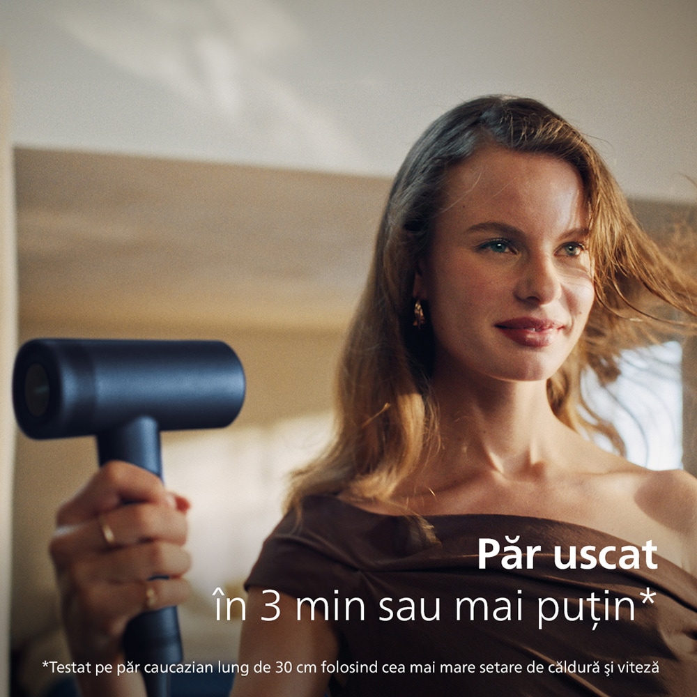 Uscator de par PHILIPS BHD839/00 Seria 8000, 1400W, Tehnologie ThermoShield, 3 viteze, 4 trepte temperatura, albastru