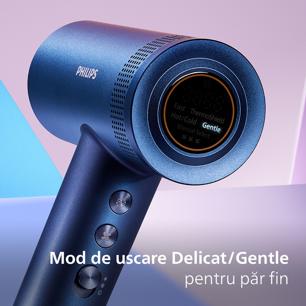 Uscator de par PHILIPS BHD839/00 Seria 8000, 1400W, Tehnologie ThermoShield, 3 viteze, 4 trepte temperatura, albastru