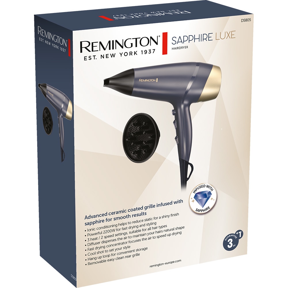 Uscator de par REMINGTON Sapphire Luxe D5805, 2200W, 2 viteze, 3 trepte temperatura, albastru