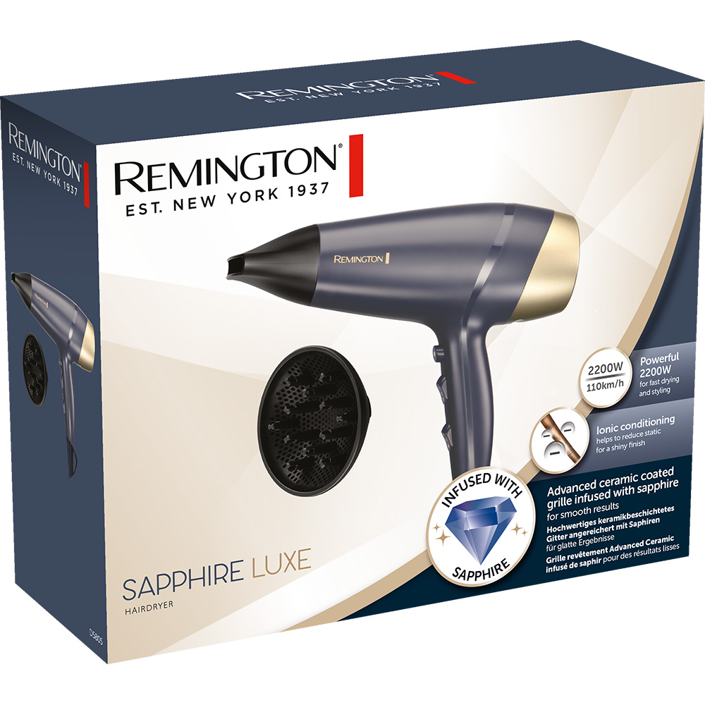 Uscator de par REMINGTON Sapphire Luxe D5805, 2200W, 2 viteze, 3 trepte temperatura, albastru