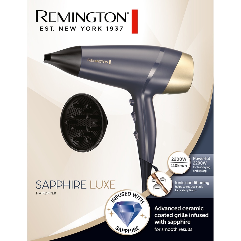 Uscator de par REMINGTON Sapphire Luxe D5805, 2200W, 2 viteze, 3 trepte temperatura, albastru