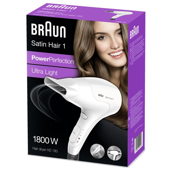 Uscator de par BRAUN Satin Hair 3 PowerPerfection HD180, 1800W, 2 viteze, 2 trepte temperatura, alb