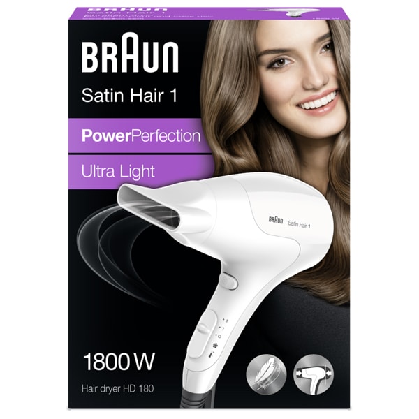 Uscator de par BRAUN Satin Hair 3 PowerPerfection HD180, 1800W, 2 viteze, 2 trepte temperatura, alb