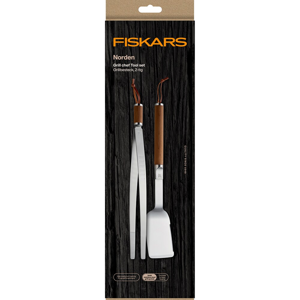 Set ustensile pentru gratar FISKARS Norden, 2 piese, otel inoxidabil si lemn, argintiu/maro