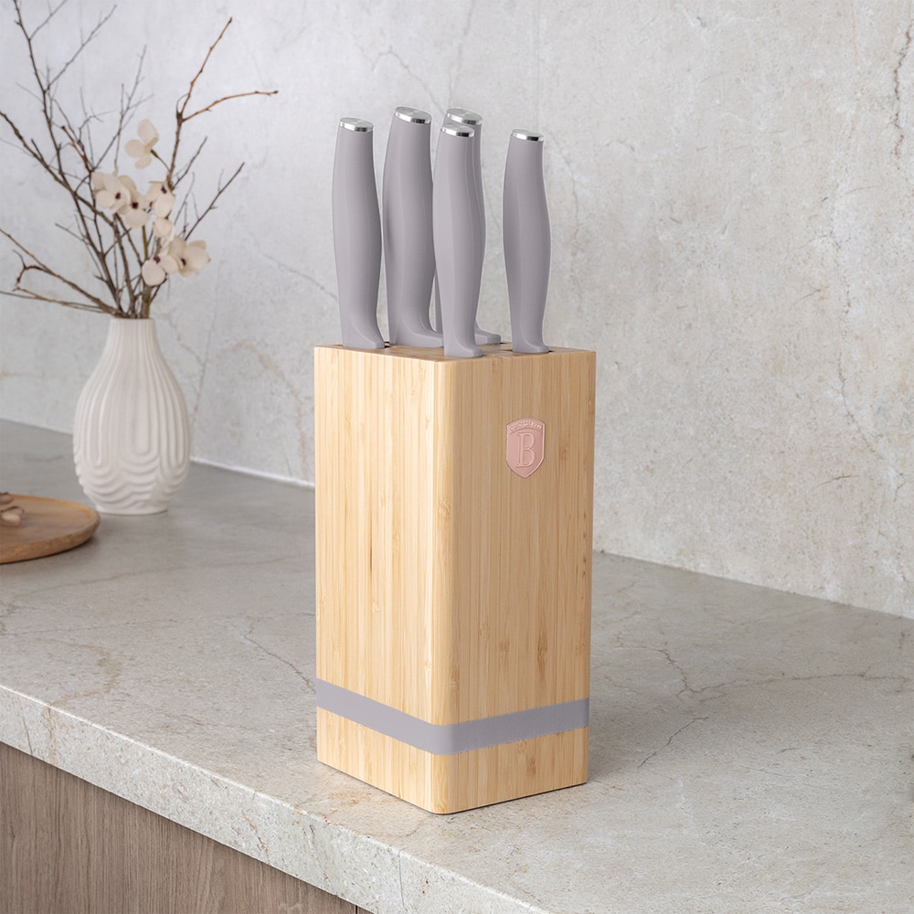 Set cutite BERLINGER HAUS BH/2974 + suport bambus, 5 piese, otel, 9-20cm, gri