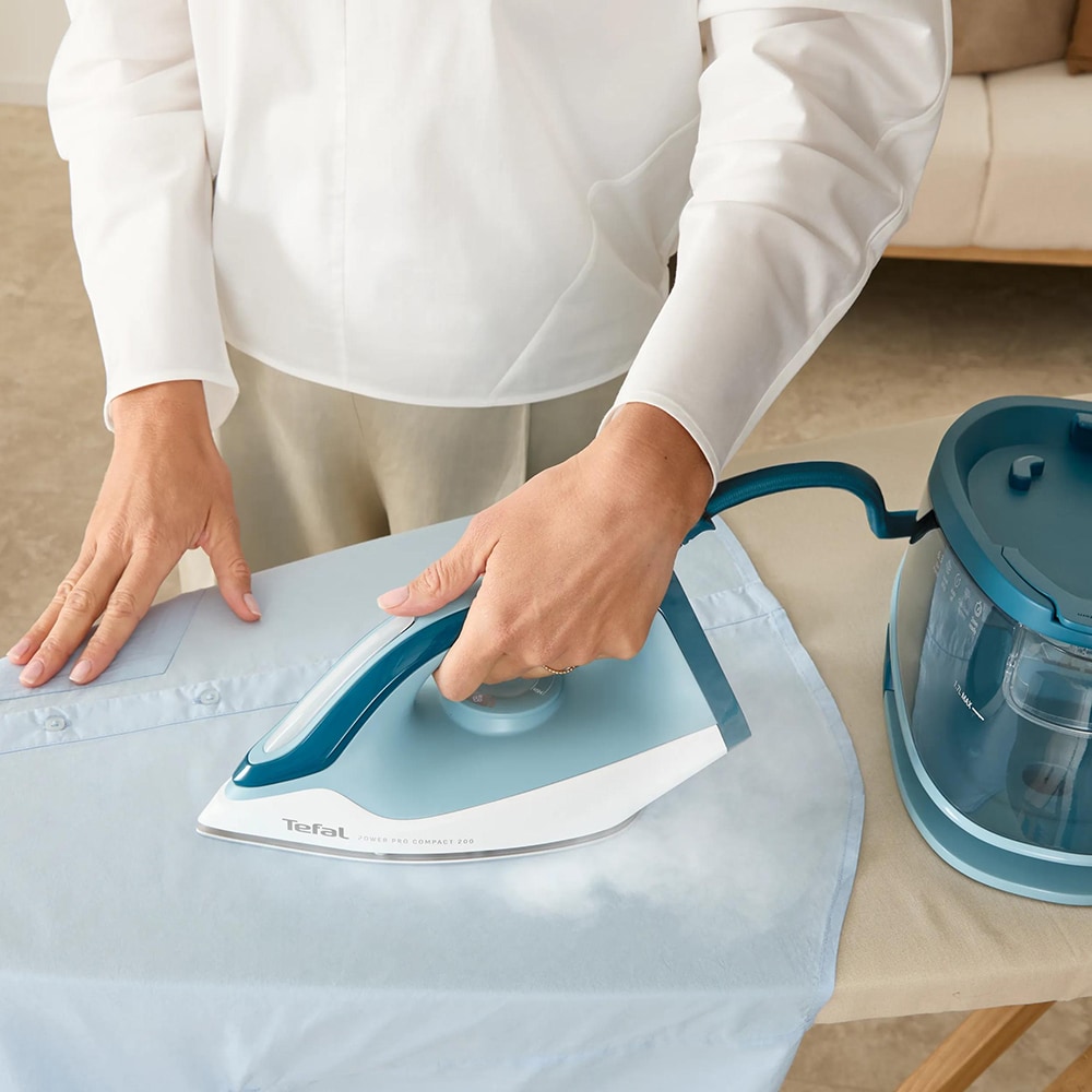 Statie de calcat TEFAL Power Pro Compact SV6212E0, 2400W, 380g/min, 1.7l, talpa ceramica Xpress Glide, albastru-alb