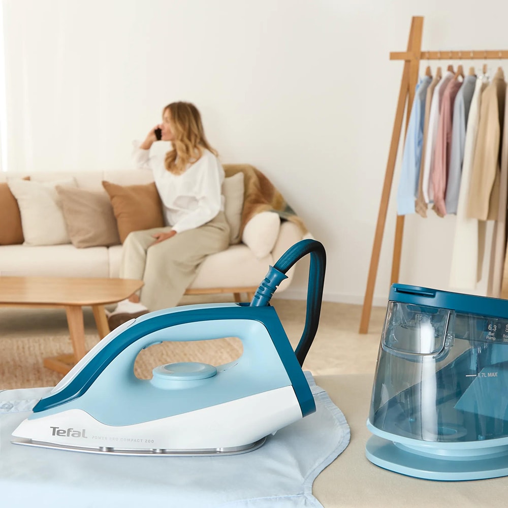Statie de calcat TEFAL Power Pro Compact SV6212E0, 2400W, 380g/min, 1.7l, talpa ceramica Xpress Glide, albastru-alb