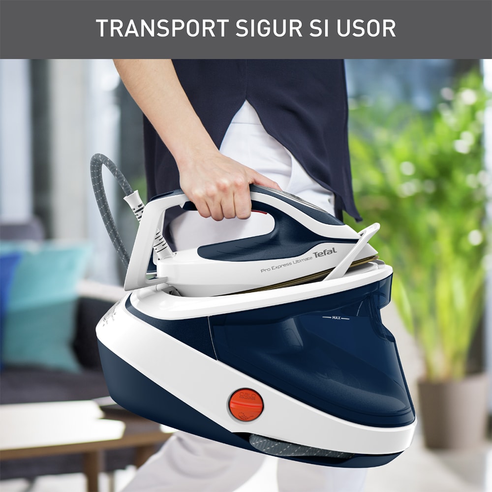 Statie de calcat TEFAL Pro Express Ultimate GV9712E0, 3000W, 590g/min, 1200ml, talpa Durilium, albastru-alb