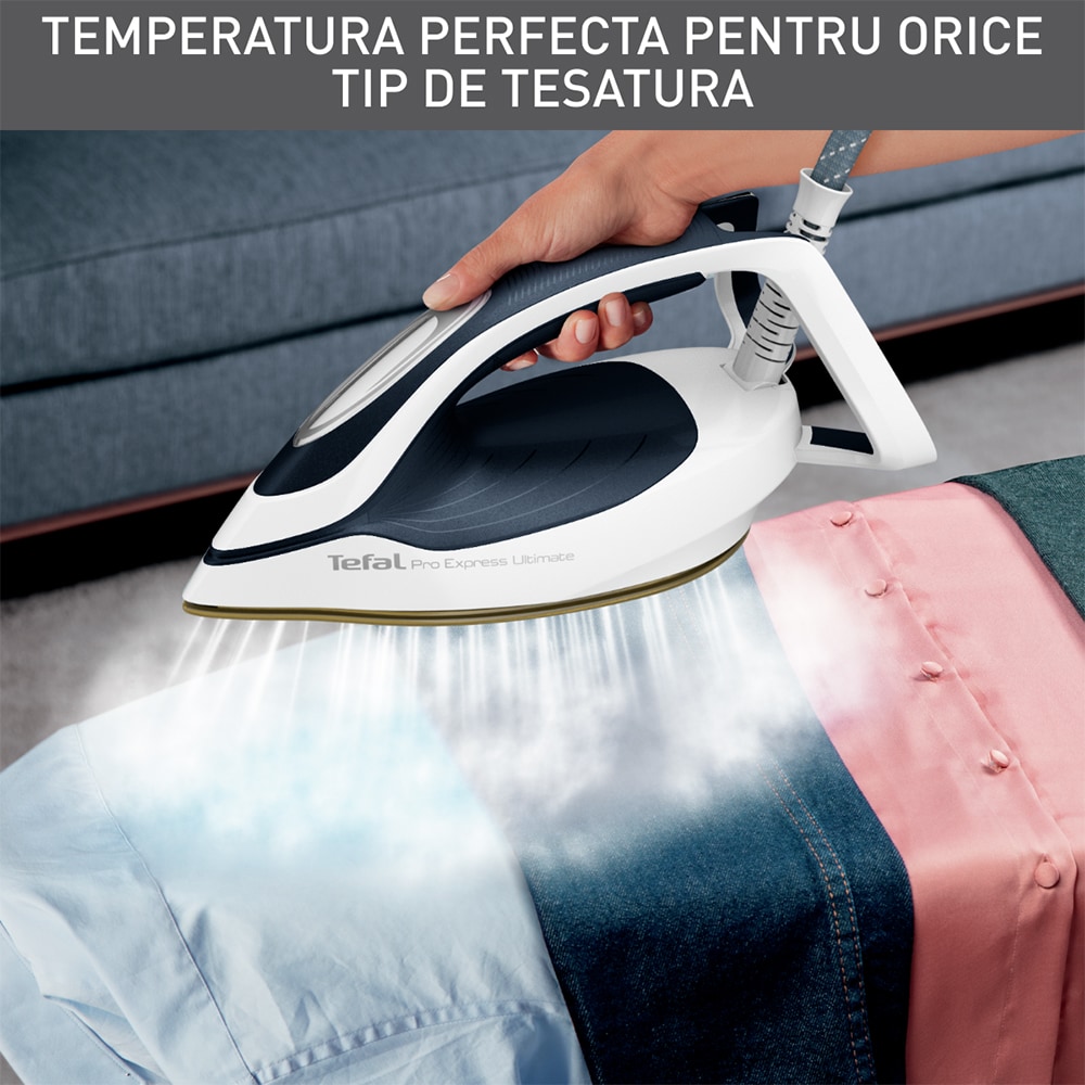 Statie de calcat TEFAL Pro Express Ultimate GV9712E0, 3000W, 590g/min, 1200ml, talpa Durilium, albastru-alb