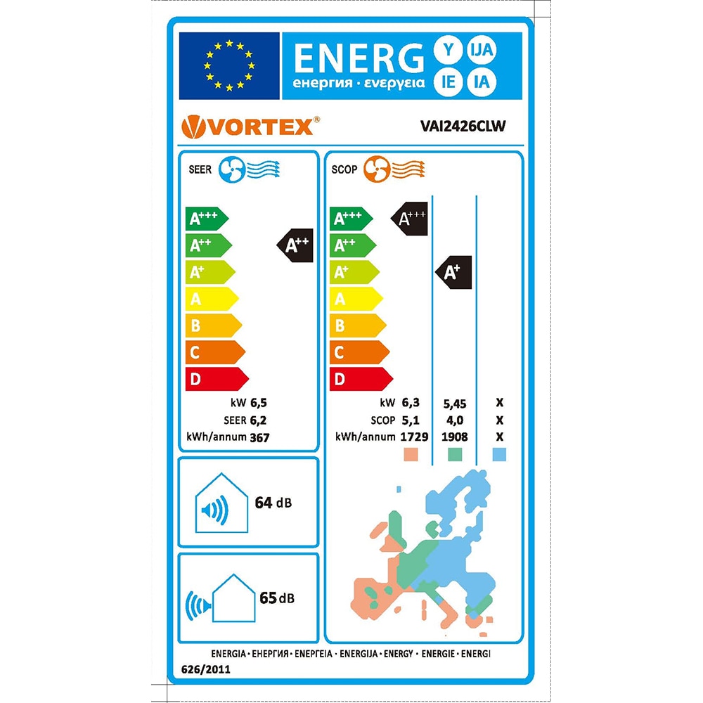 Aer conditionat VORTEX VAI2426CLW, 24000 BTU, A++/A+, Wi-Fi, 4D Air, Functie incalzire, Dezumidificare, Inverter, iFeel, kit instalare inclus, alb