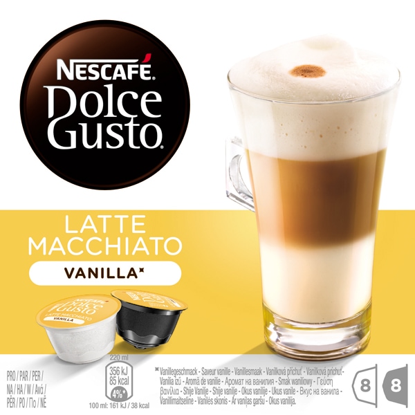Capsule cafea NESCAFE Vanilla Macchiato, compatibile Dolce Gusto, 8 capsule cafea + 8 capsule lapte, 188.4g