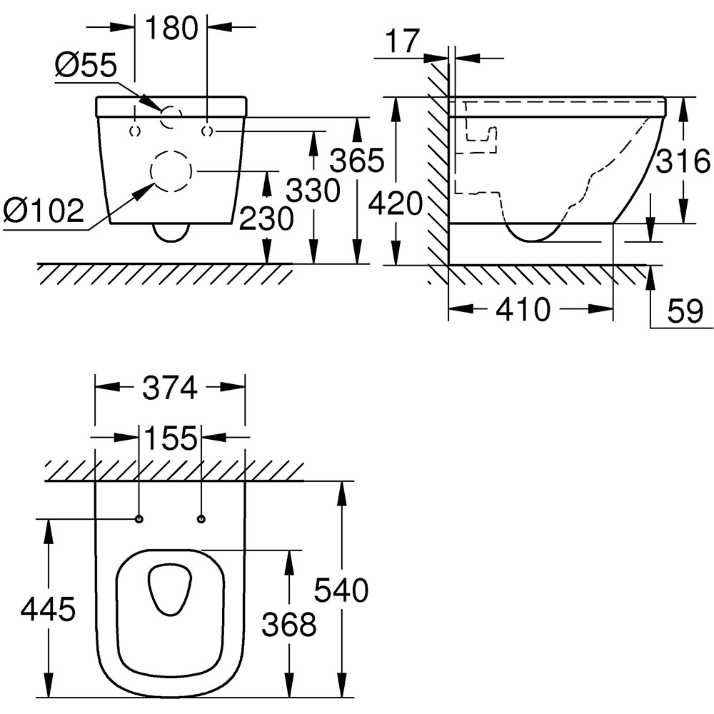Vas WC GROHE Euro Ceramic 39328000, montaj suspendat, evacuare orizontala, alb