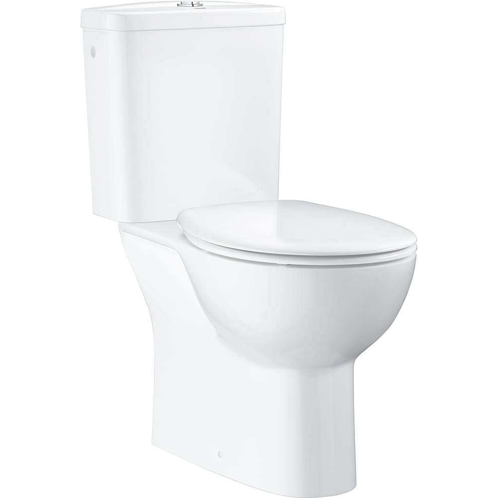 Set vas WC GROHE Bau Ceramic 39346000, montaj pe pardoseala, evacuare verticala, cu capac, alb