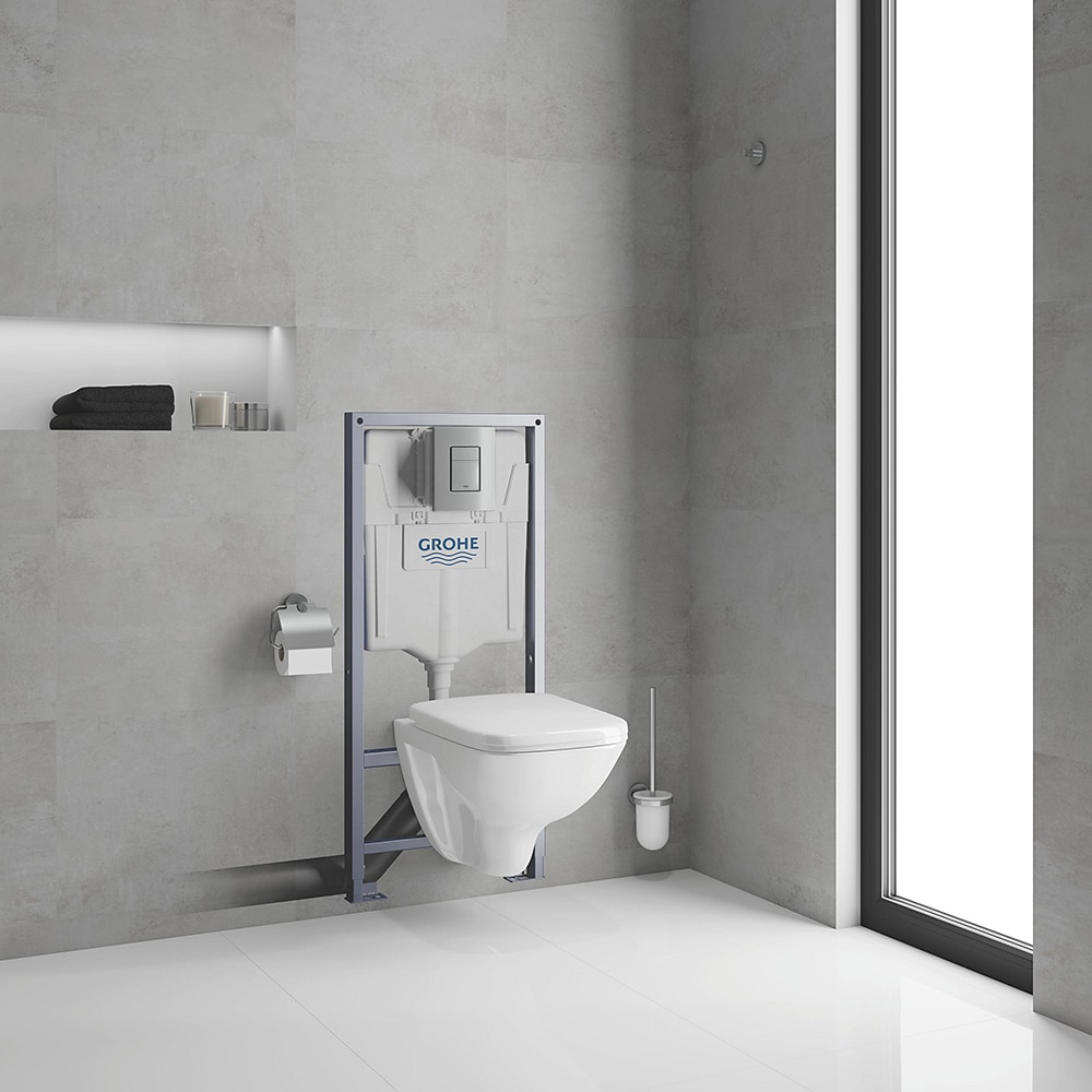 Set vas WC GROHE Solido Square 39467000, montaj suspendat, evacuare orizontala, cu capac, alb