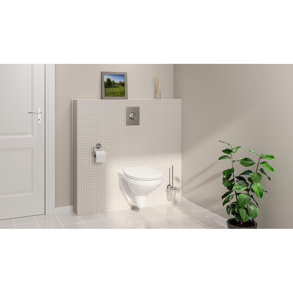 Set vas WC GROHE Bau Ceramic 39499000, montaj suspendat, evacuare orizontala, cu capac, alb