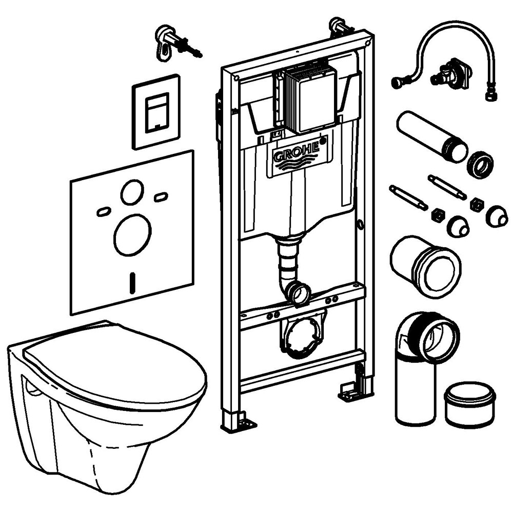 Set vas WC GROHE Bau Ceramic 39586000, montaj suspendat, evacuare orizontala, cu capac, alb