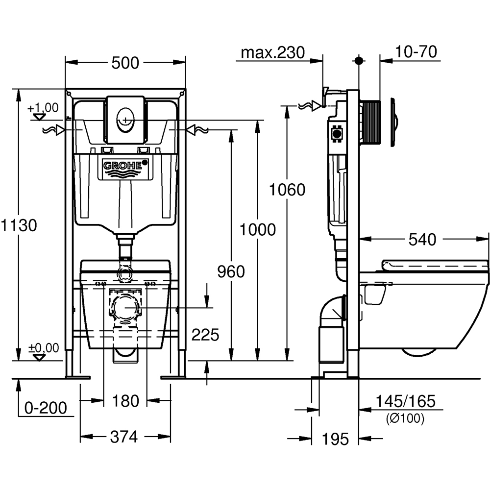 Set vas WC GROHE Euro Ceramic 39697000, montaj suspendat, evacuare orizontala, cu capac, alb