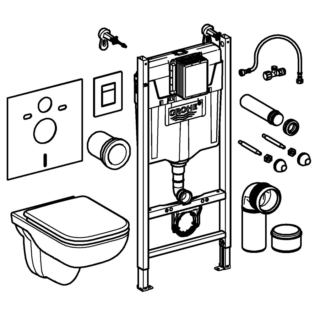 Set vas WC GROHE Solido Edge 39816000, montaj suspendat, evacuare orizontala, cu capac, alb