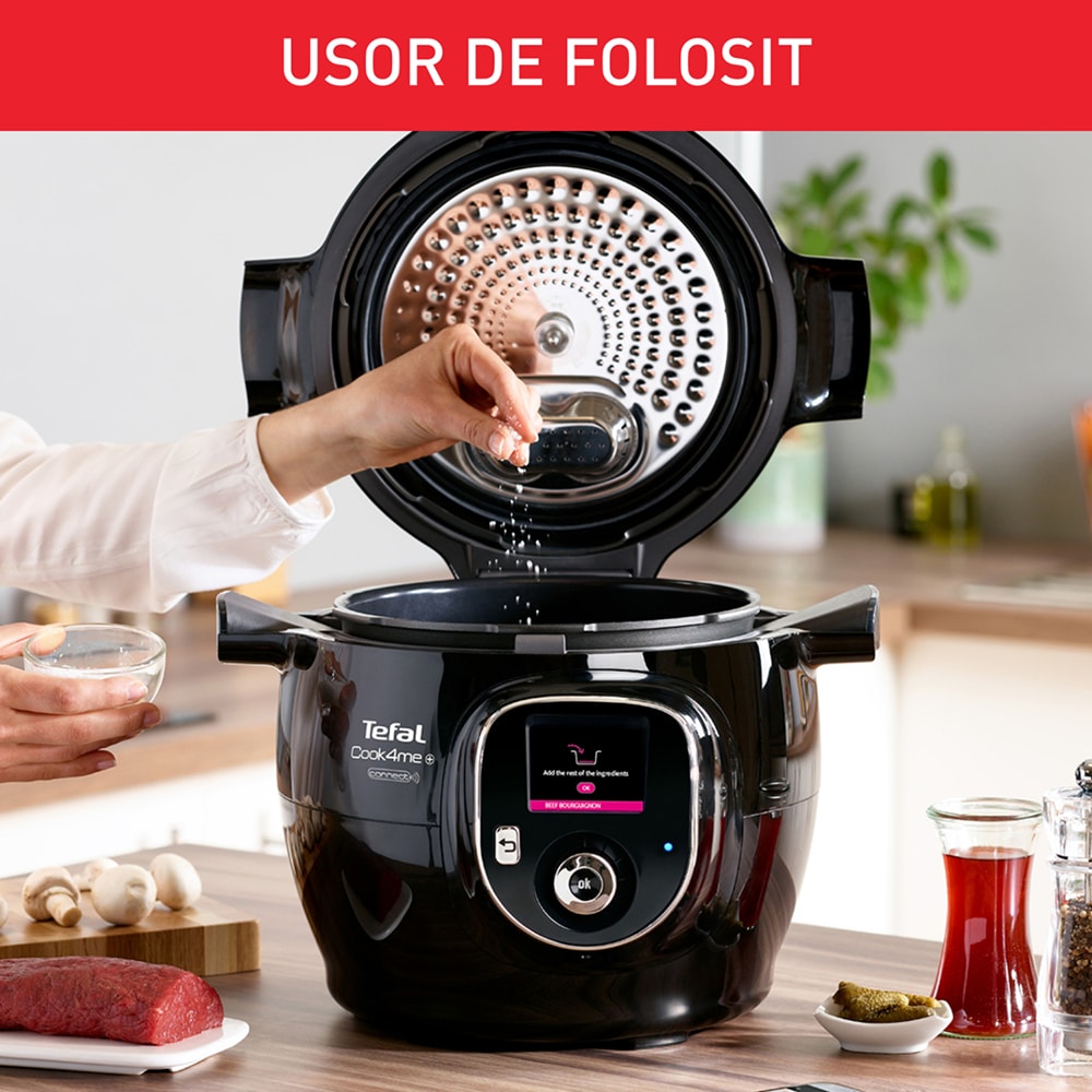 Multicooker TEFAL Cook4Me+ Connect CY855830, 6l, 1600W, 6 programe, negru-argintiu