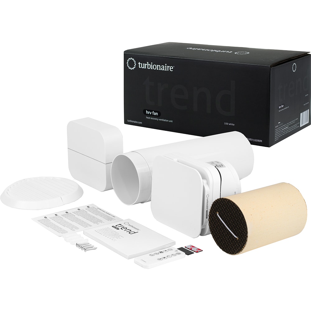 Ventilator cu recuperare de caldura Turbionaire Trend HRV, senzor umiditate, flux de aer reversibil, 1.2W, 31mc/h, 100mm, alb