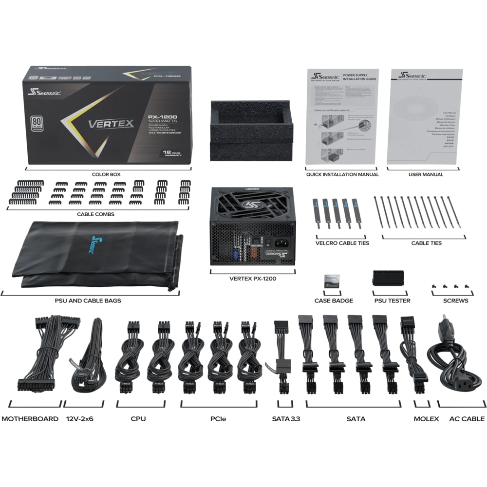 Sursa PC SEASONIC Vertex PX-1200 ATX 3.1, 1200W, 135mm, 80 Plus Platinum, Full Modular