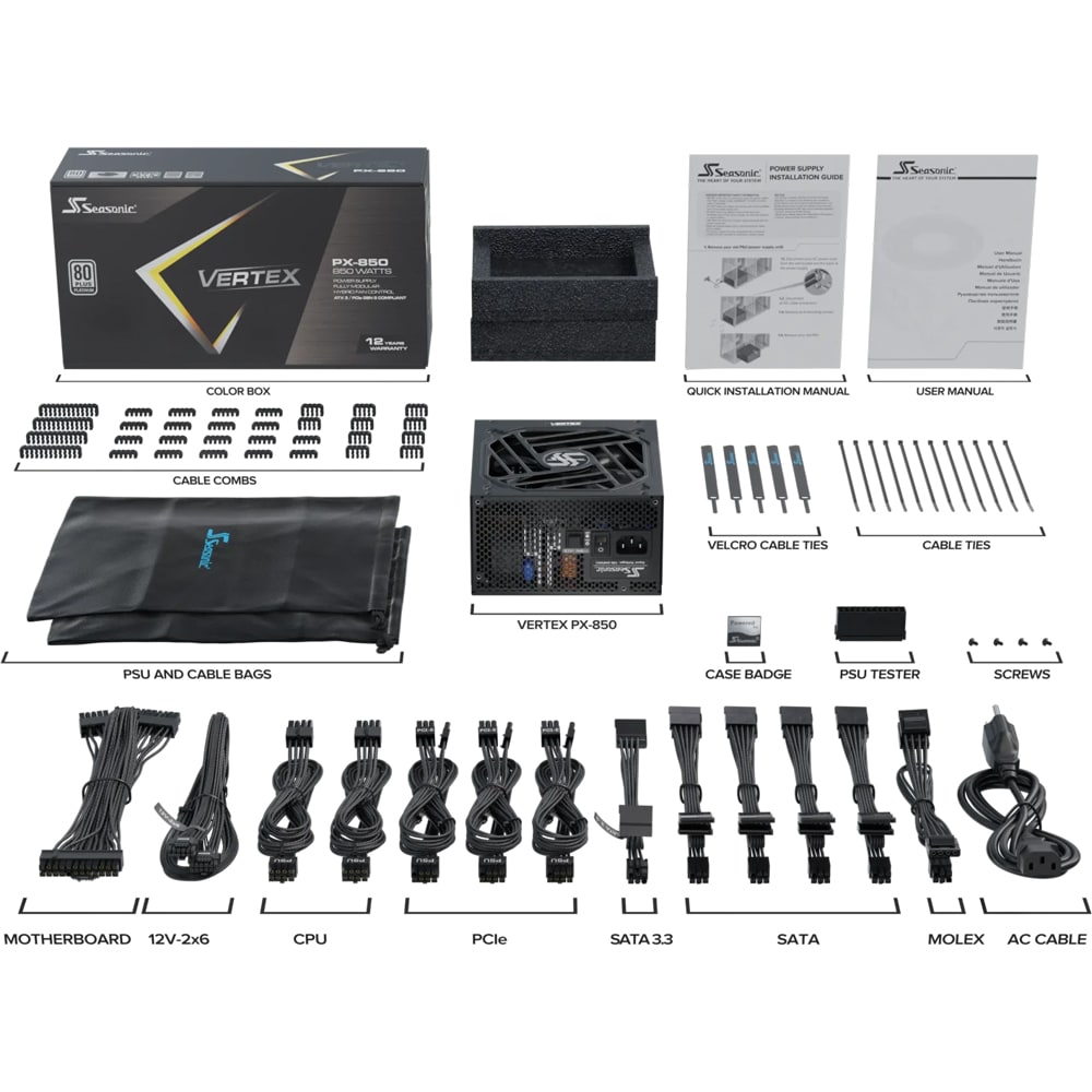 Sursa PC SEASONIC Vertex PX-850 ATX 3.1, 850W, 135mm, 80 Plus Platinum, Full Modular