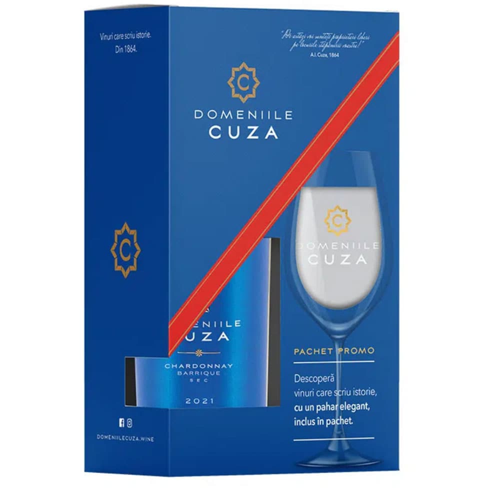 Set Vin alb sec Domeniile Cuza Sauvignon Blanc, 0.75L + 1 pahar