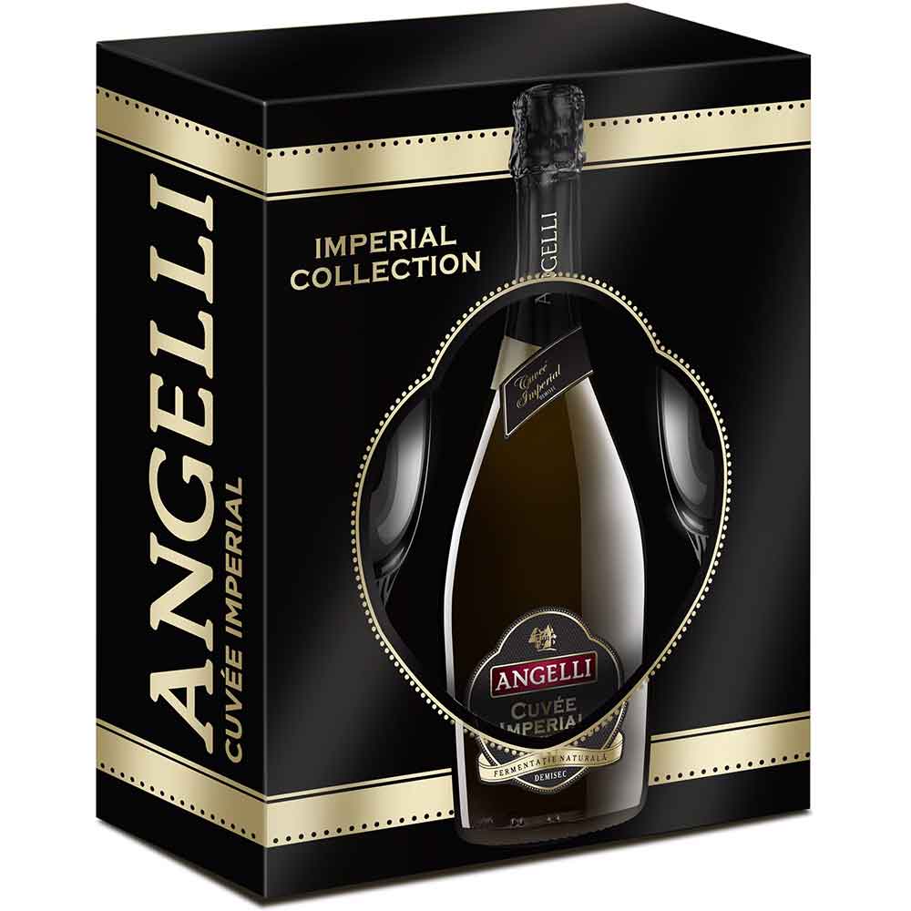 Pachet Spumant alb Angelli Cuvee Imperial, 0.75L + 2 pahare