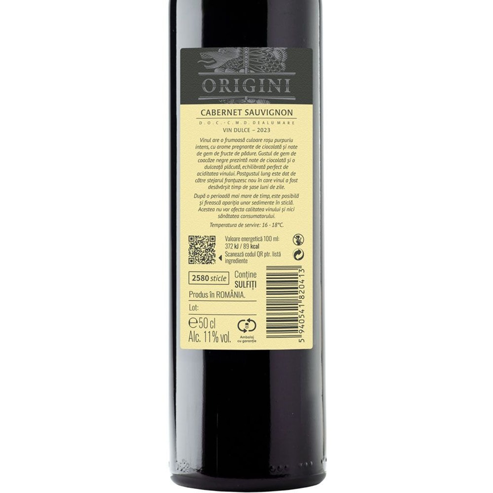 Vin rosu dulce Budureasca Origini Cabernet Sauvignon, 0.50L