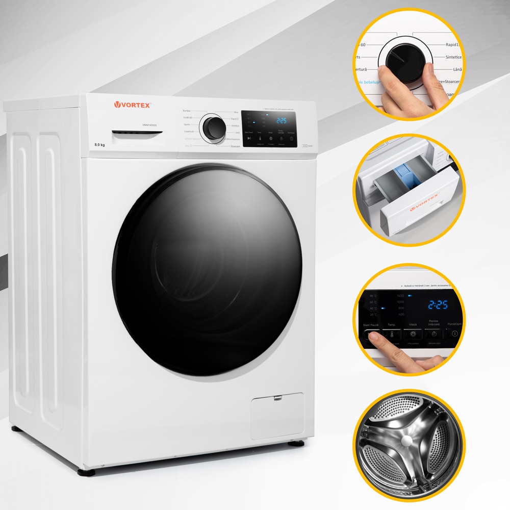 Masina de spalat rufe frontala VORTEX VMA814D02S, 8 kg, 1400rpm, Clasa D, alb