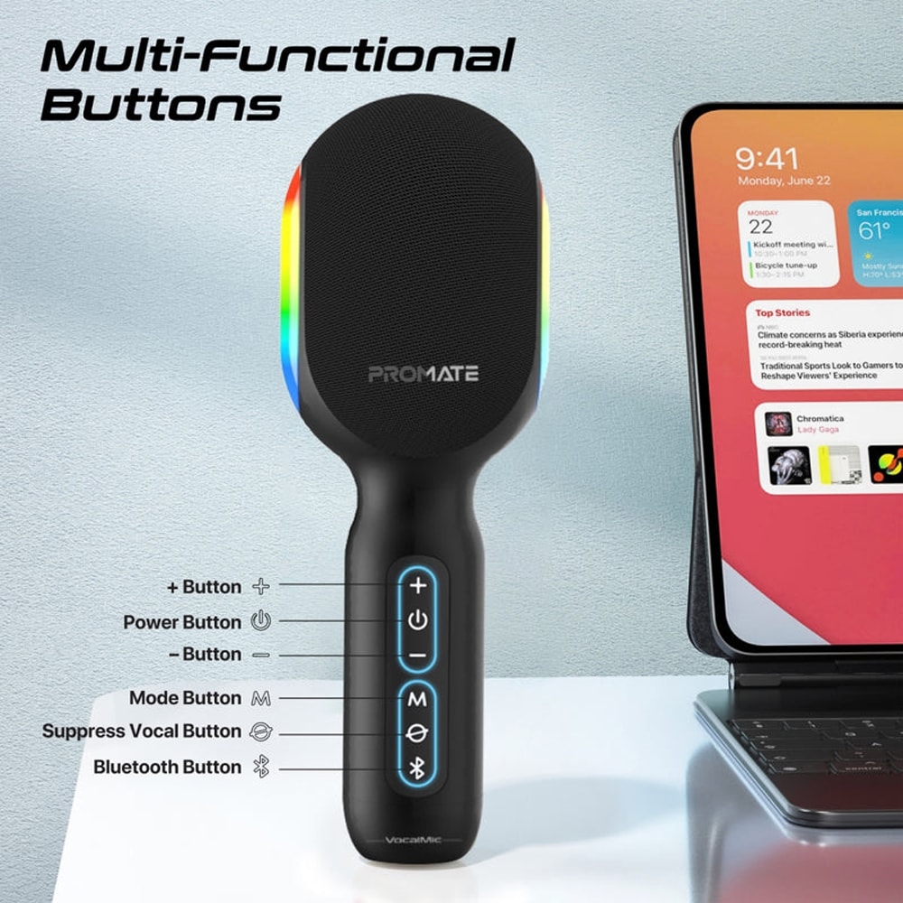Microfon karaoke cu boxa PROMATE VocalMic, Bluetooth, RGB, negru