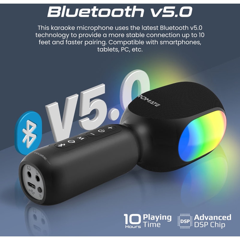 Microfon karaoke cu boxa PROMATE VocalMic, Bluetooth, RGB, negru