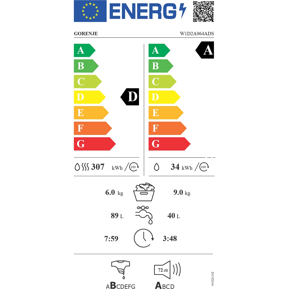 Masina de spalat rufe frontala cu uscator GORENJE W1D2A964ADS, SteamTech, 9/6 kg, 1400rpm, Clasa A/D, alb